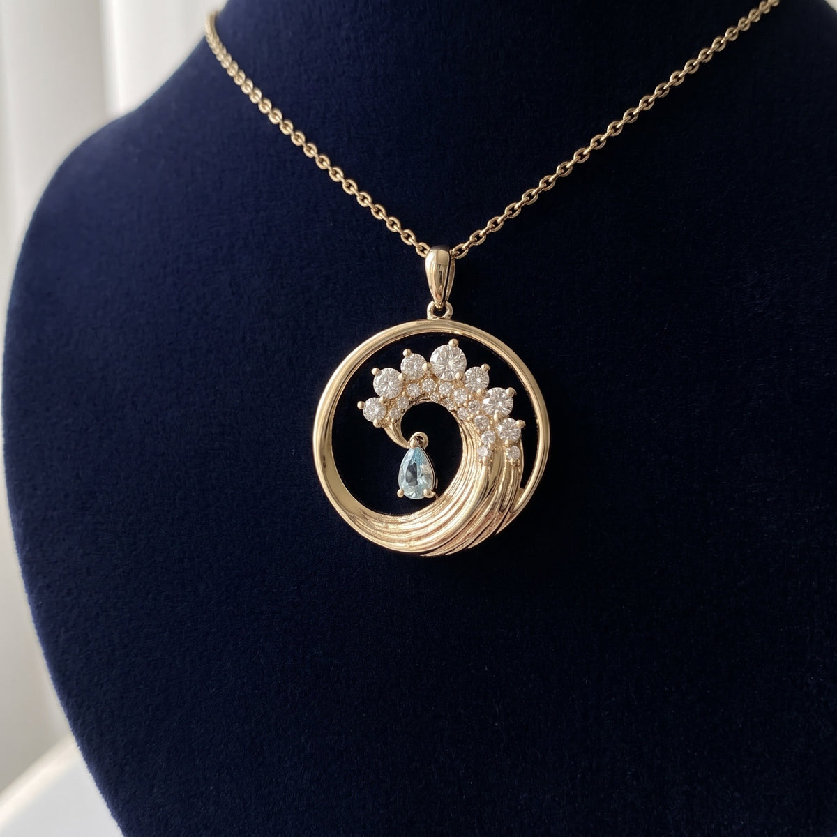 Pear Aquamarine and Diamond Wave Charm Necklace in 14K Yellow Gold