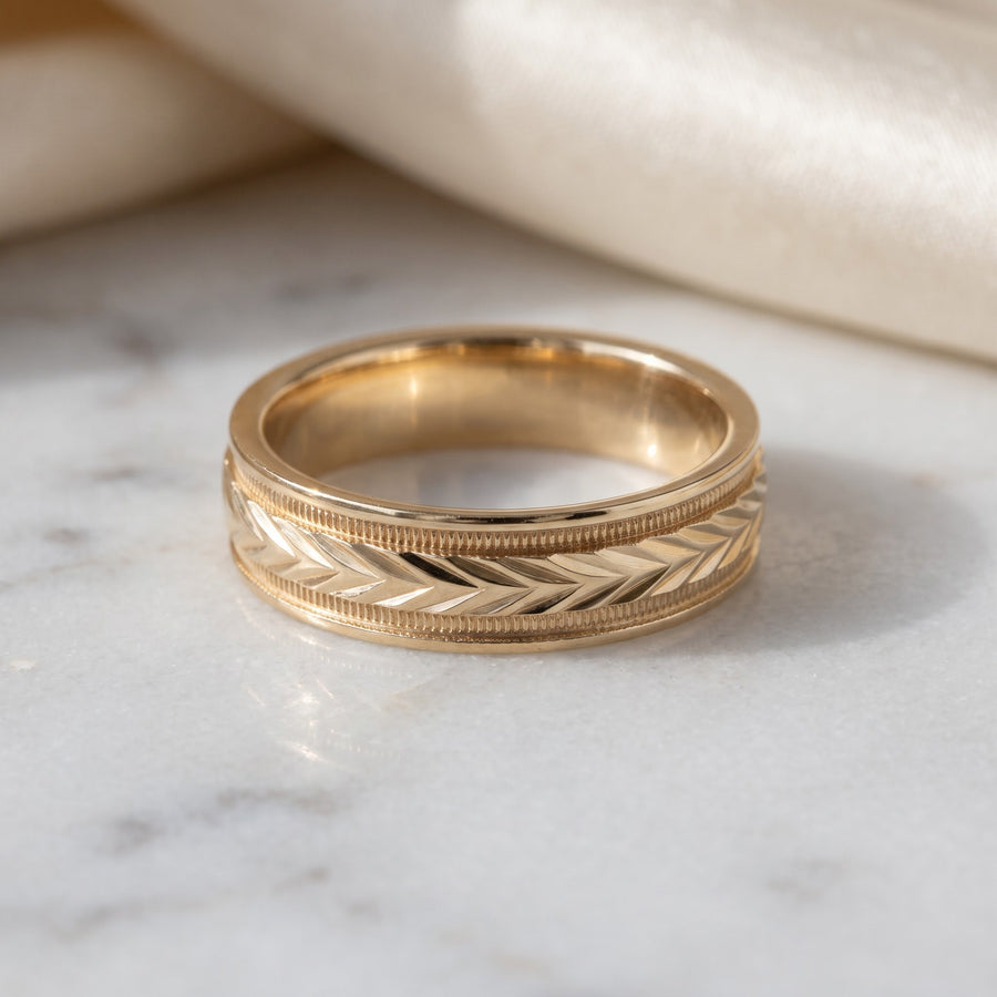 Yellow Gold Chevron Engraved Wedding Band with Milgrain
