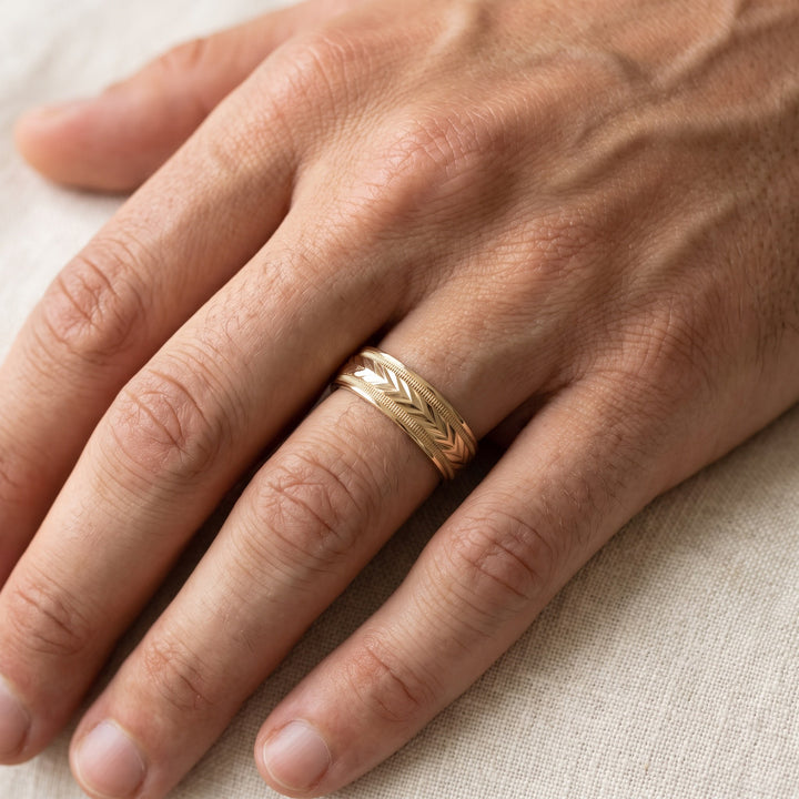 Chevron Engraved Wedding Band with Milgrain in 14K Yellow Gold, worn