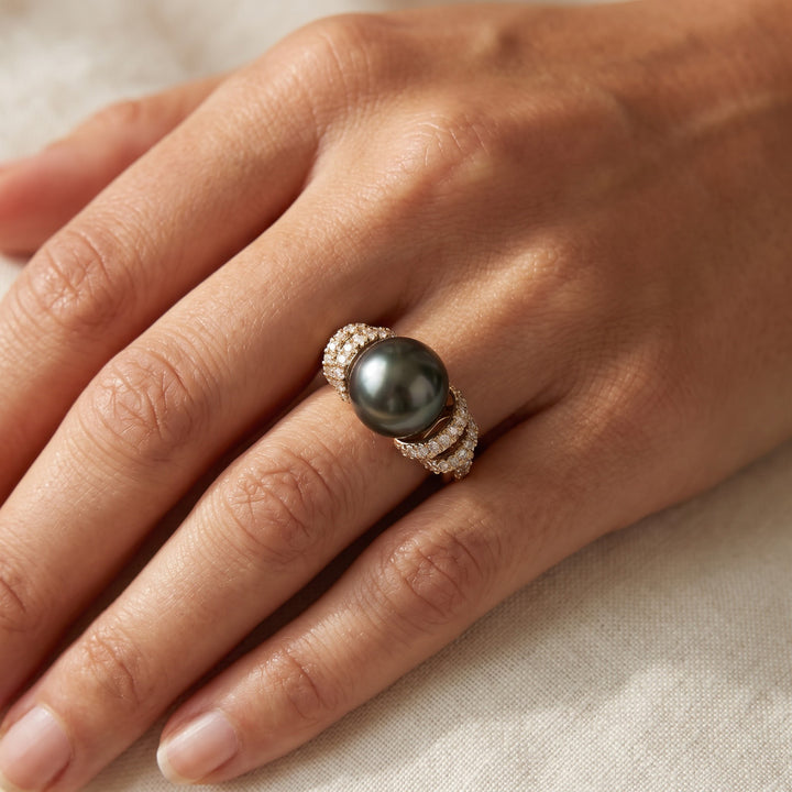 Dark Pearl and Diamond Pavé Cocktail Ring in 14K Yellow Gold, worn