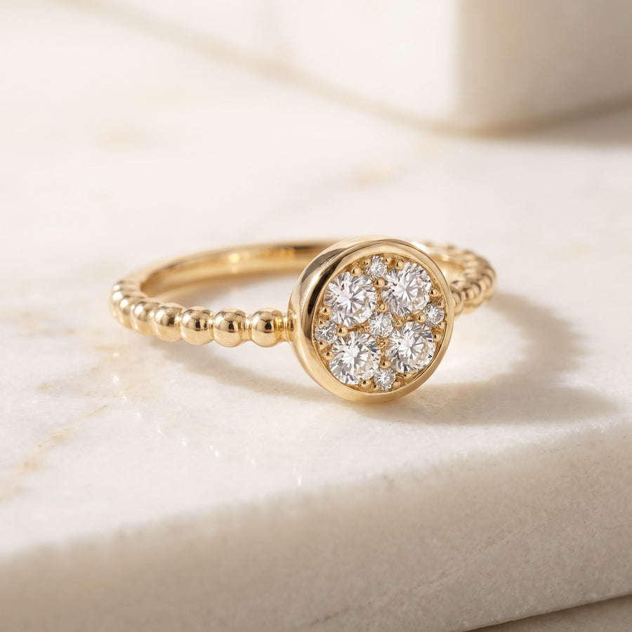Yellow Gold Diamond Cluster Ring with Beaded Band