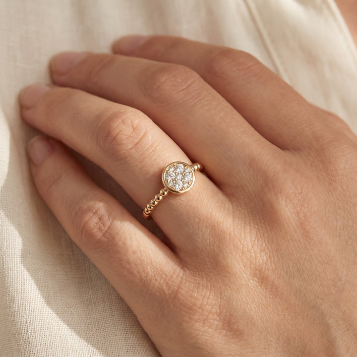 0.40 ct Diamond Cluster Ring with Beaded Band in 14K Yellow Gold, worn