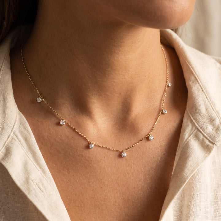 0.76 ct Diamond Drop Station Necklace in 18K Yellow Gold, worn