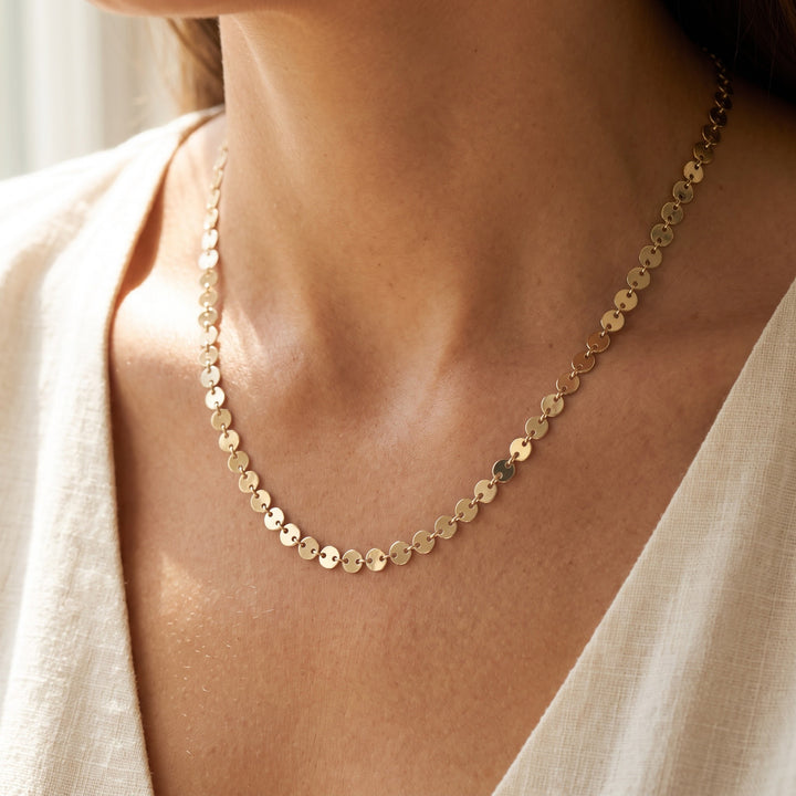 Flat Circular Link Chain Necklace in 14K Yellow Gold, worn