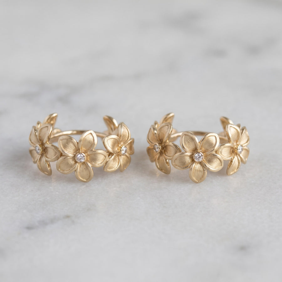 Yellow Gold Floral Hoop Earrings with Diamonds