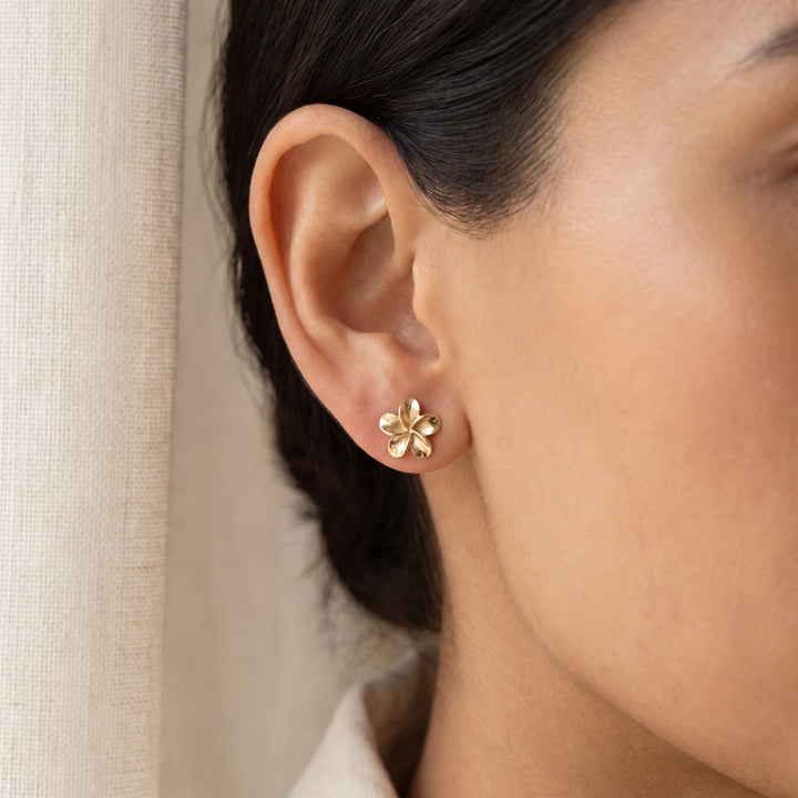 Floral Stud Earrings in 14K Yellow Gold, worn