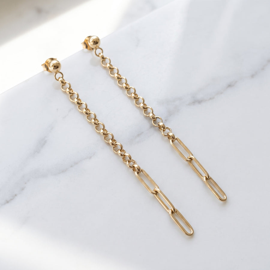 Yellow Gold Mixed Link Chain Dangle Earrings