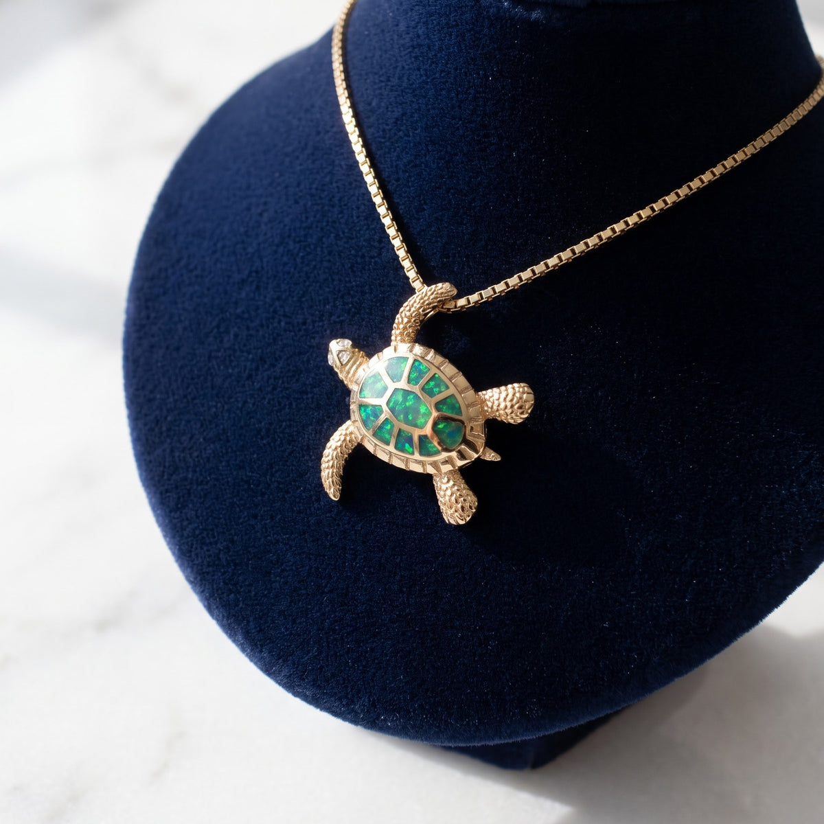 Opal Inlay Sea Turtle Pendant in 14K Yellow Gold
