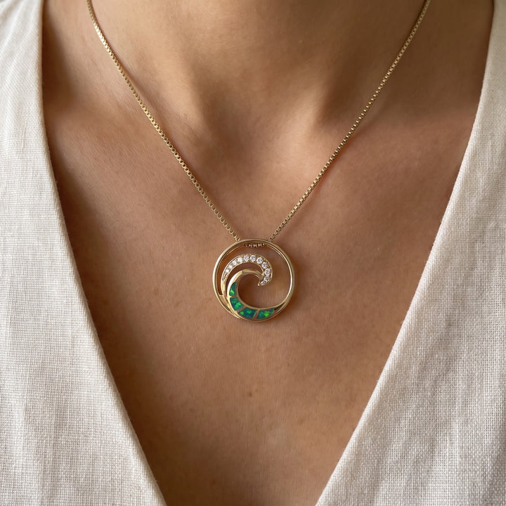 Opal Inlay and Diamond Wave Pendant Necklace in 14K Yellow Gold, worn