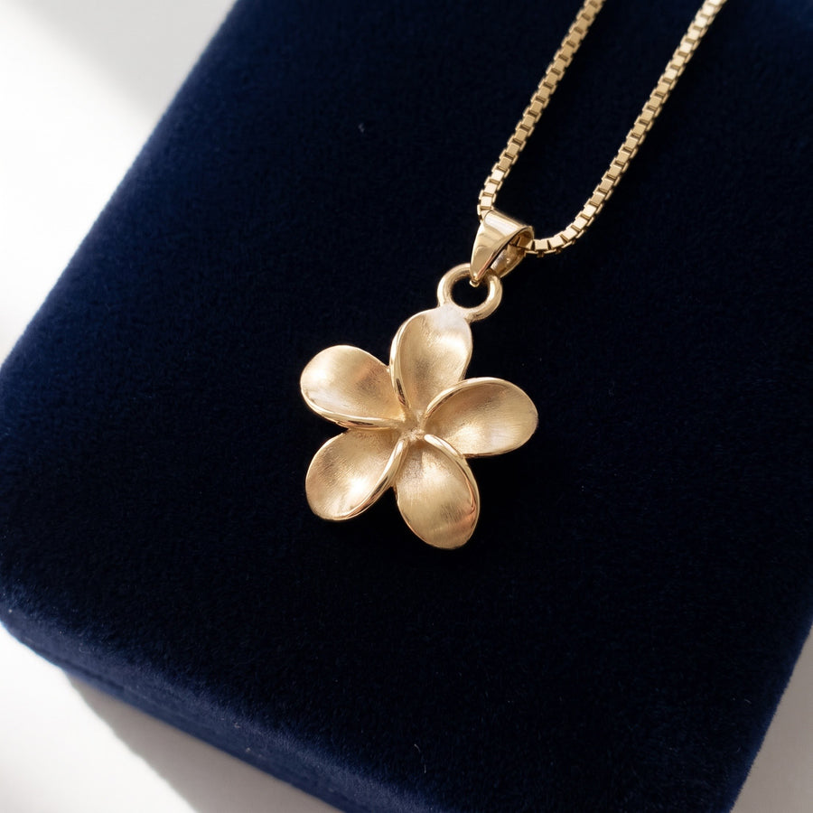 Polished Yellow Gold Plumeria Flower Charm Necklace