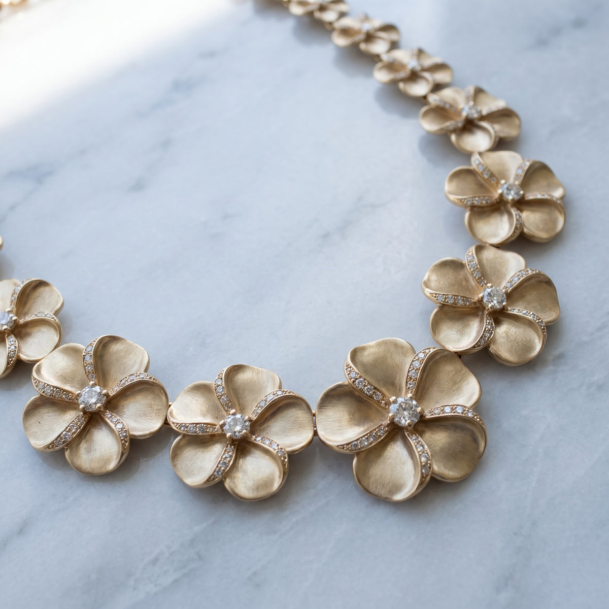 4.57 ct Diamond Plumeria Necklace in Matte 14K Yellow Gold
