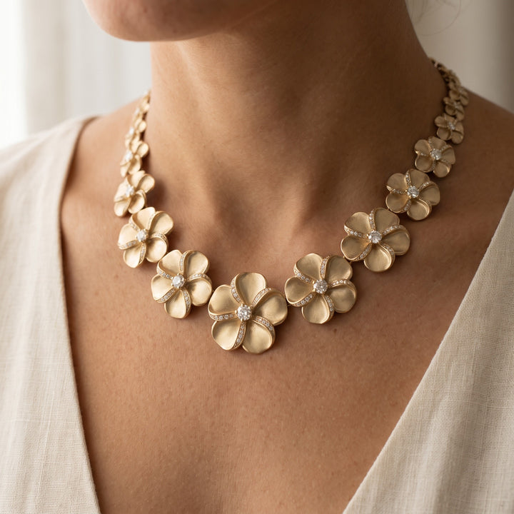4.57 ct Diamond Plumeria Necklace in Matte 14K Yellow Gold, worn