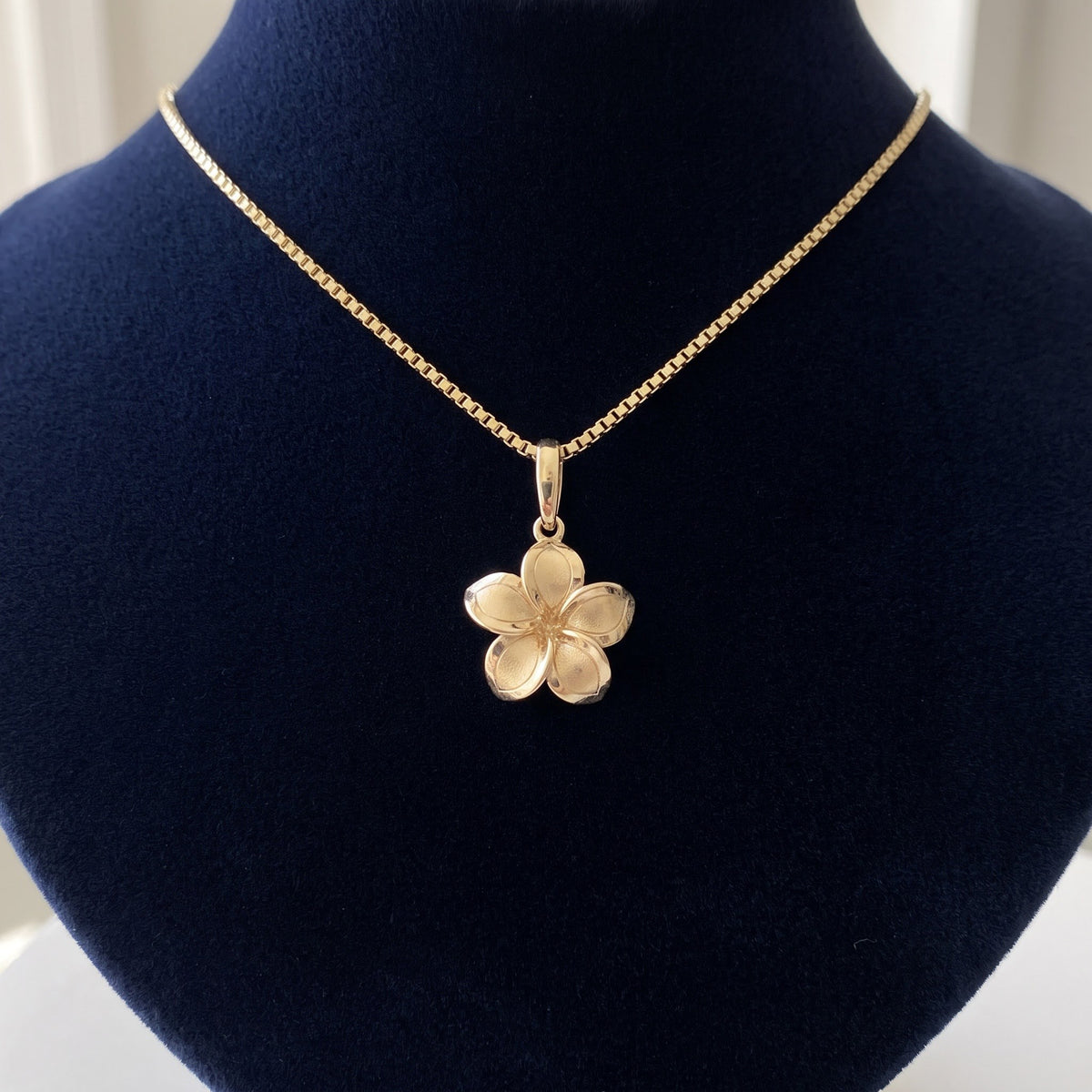 Plumeria Pendant Necklace on a Box Chain in 14K Yellow Gold