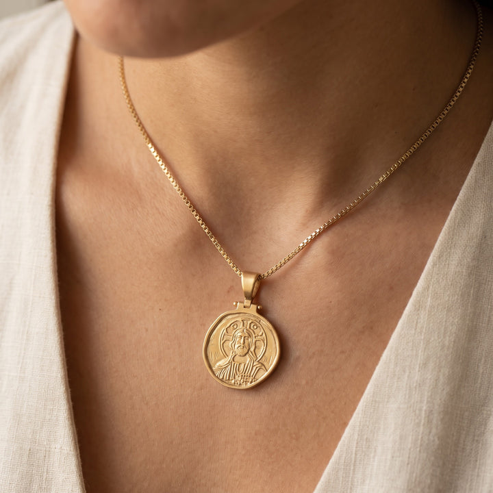 Religious Medallion Charm Necklace in 18K Yellow Gold, worn