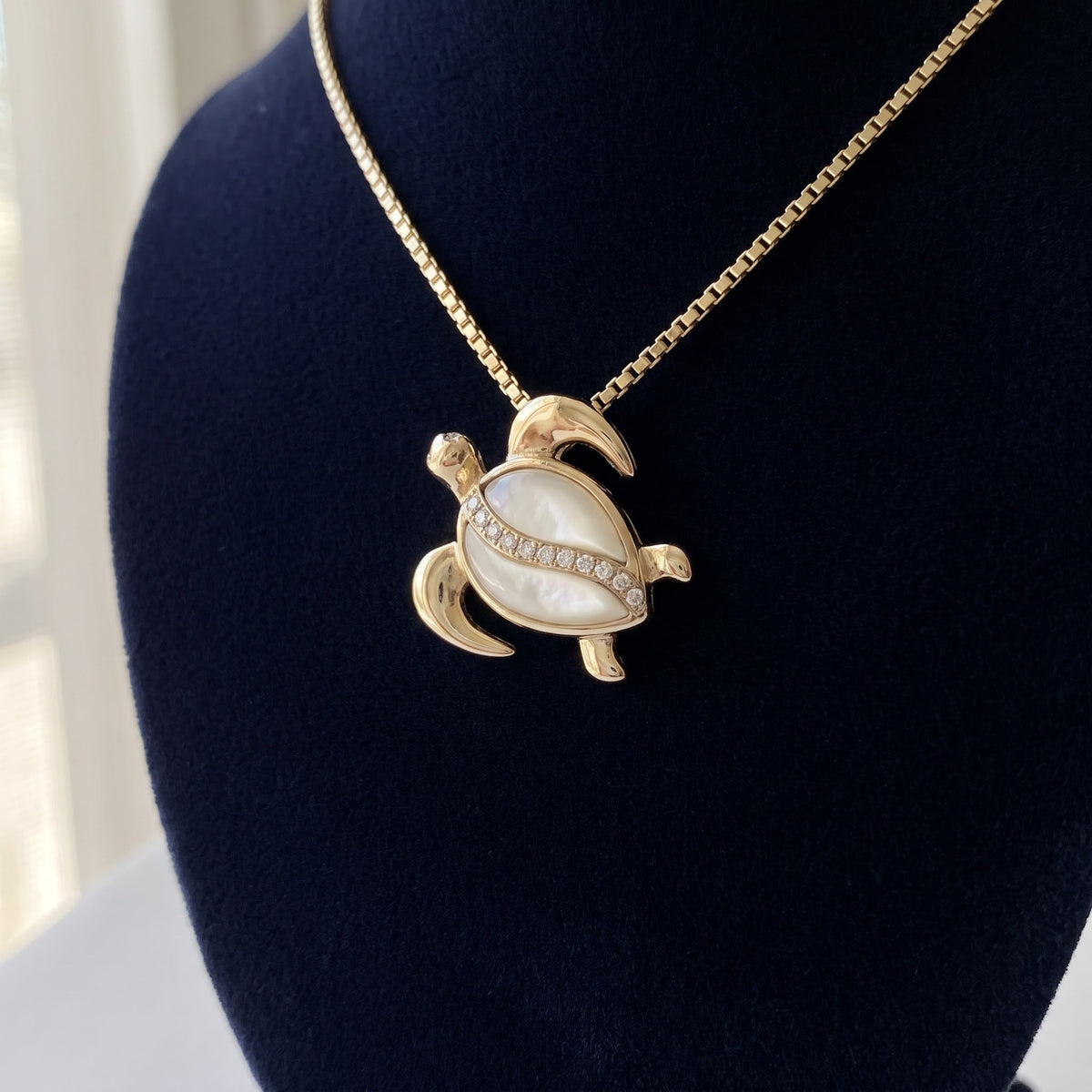 Mother of Pearl and Diamond Sea Turtle Pendant in 14K Yellow Gold