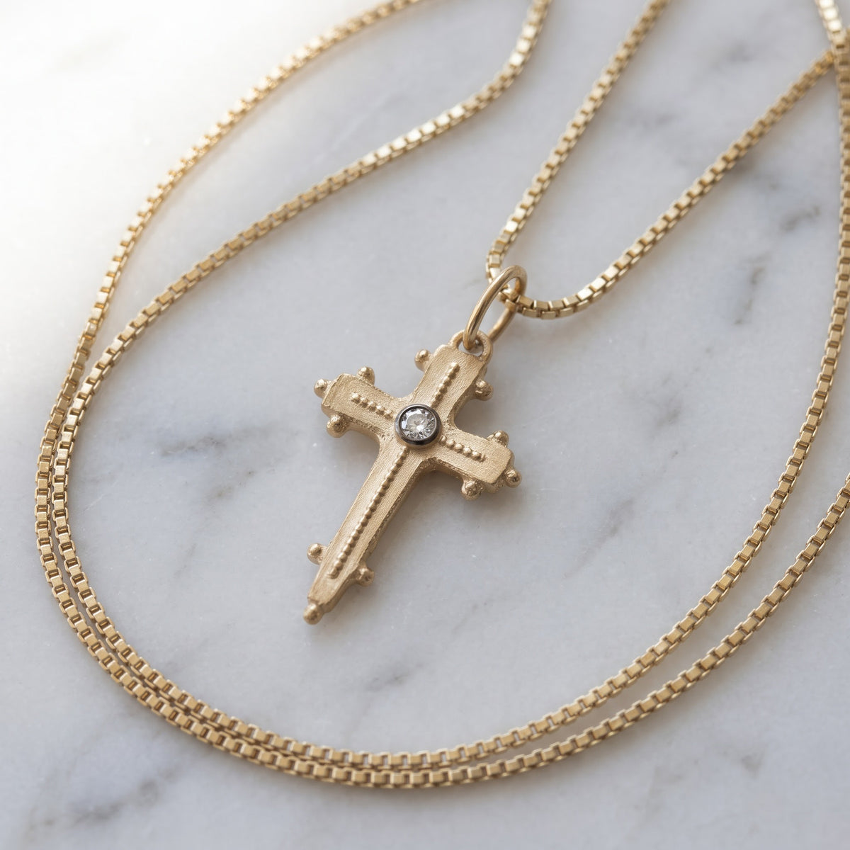 Textured Cross Pendant Necklace with Diamond Center in 18K Yellow Gold