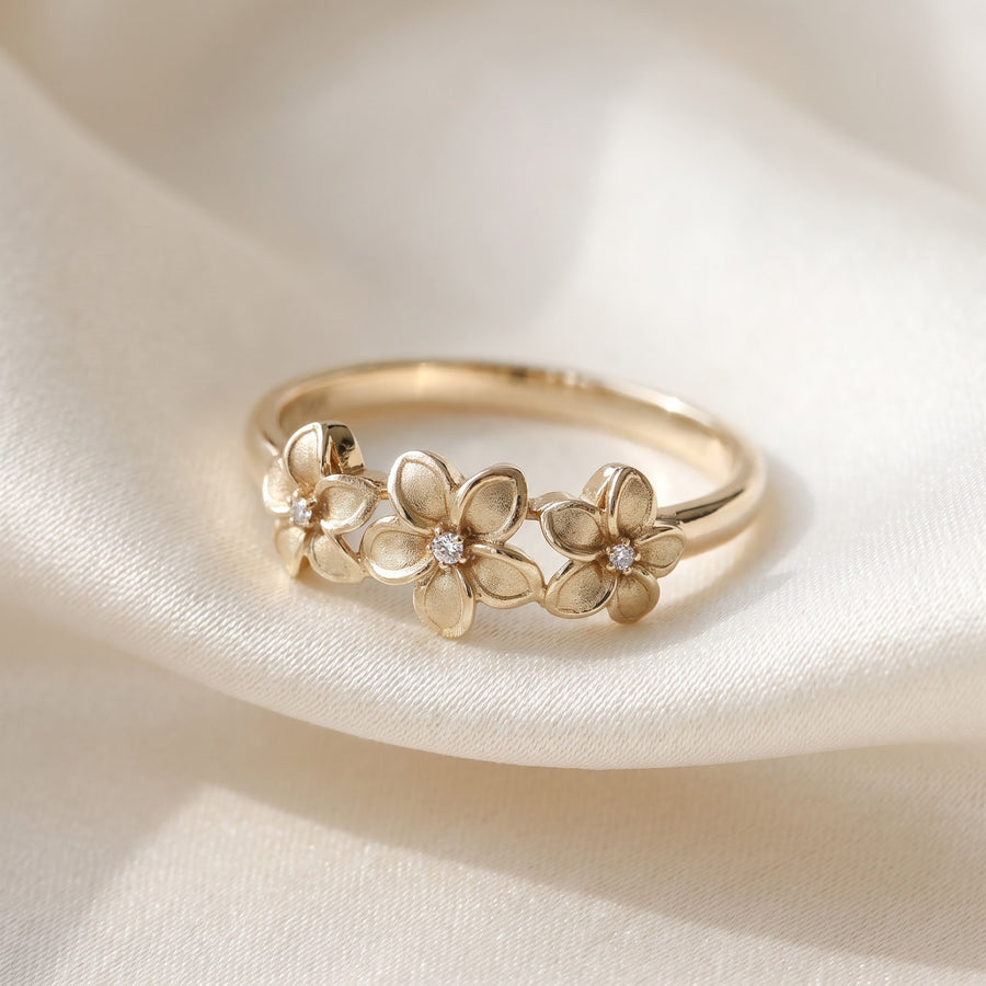 Yellow Gold Triple Plumeria Diamond Stackable Ring