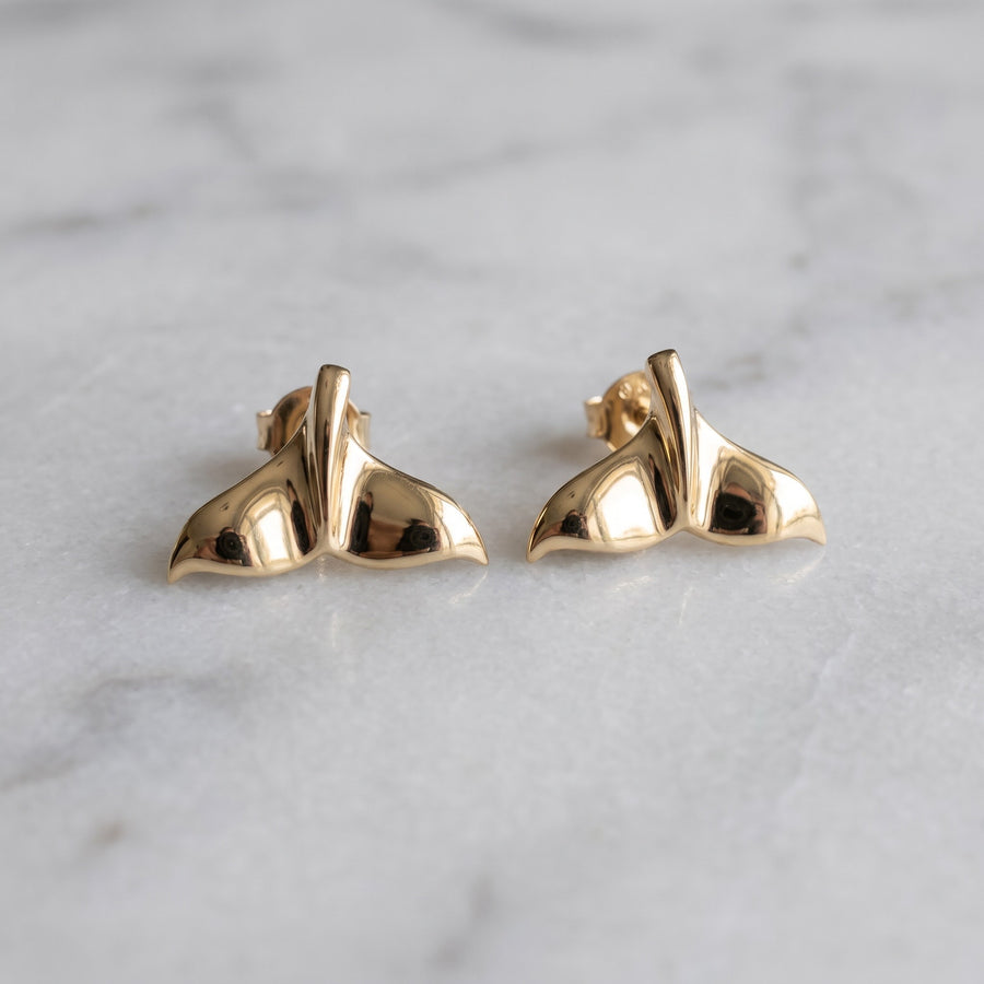 Yellow Gold Whale Tail Stud Earrings