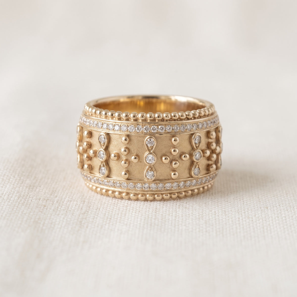 Yellow Gold Wide Band Ring with Diamonds and Beading