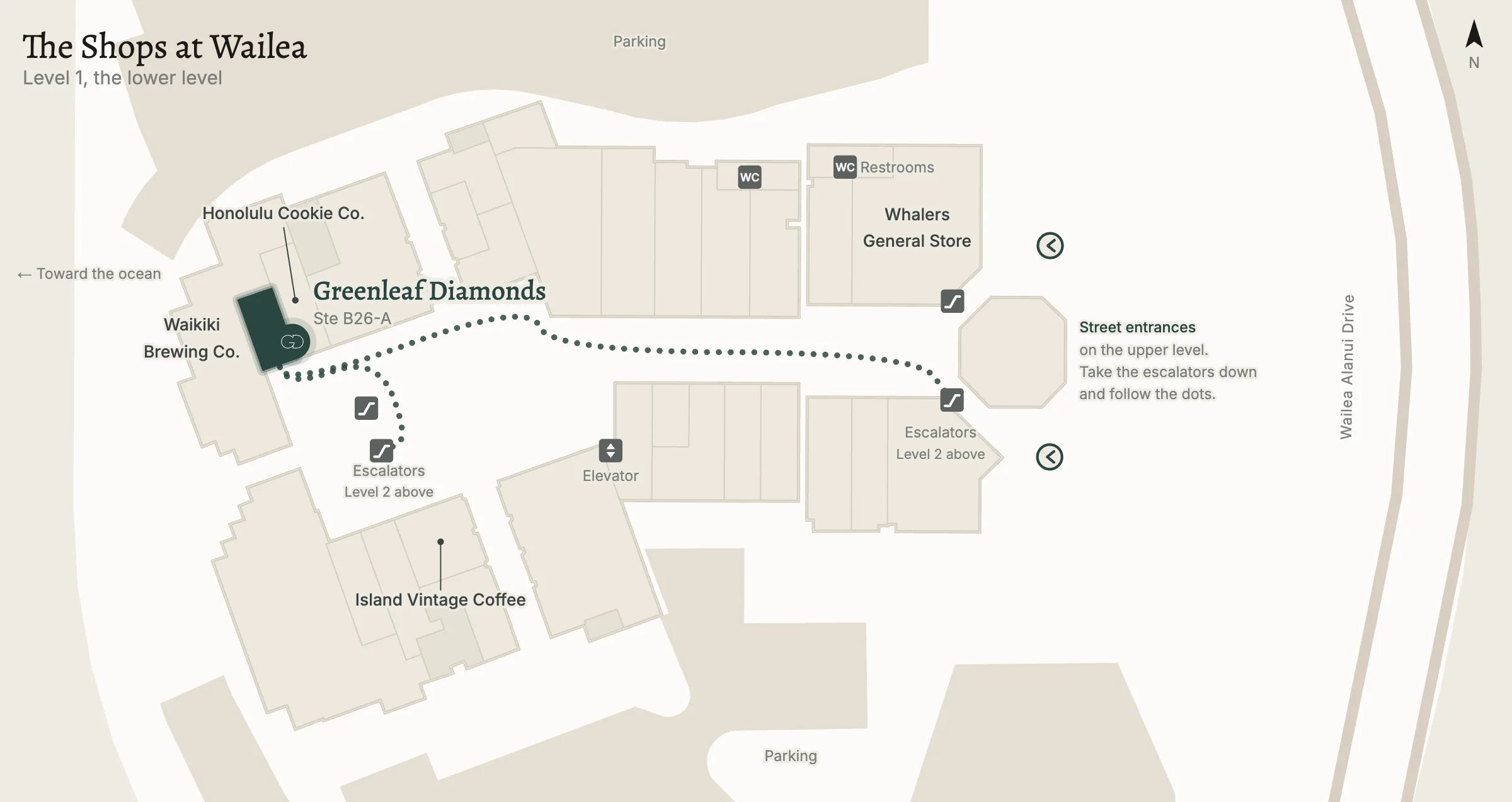 Map of the Shops at Wailea lower level showing Greenleaf Diamonds at the west end next to Waikiki Brewing Co.