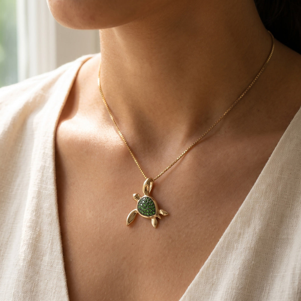 0.43 ct Tsavorite Turtle Charm Necklace in 14K Yellow Gold, worn