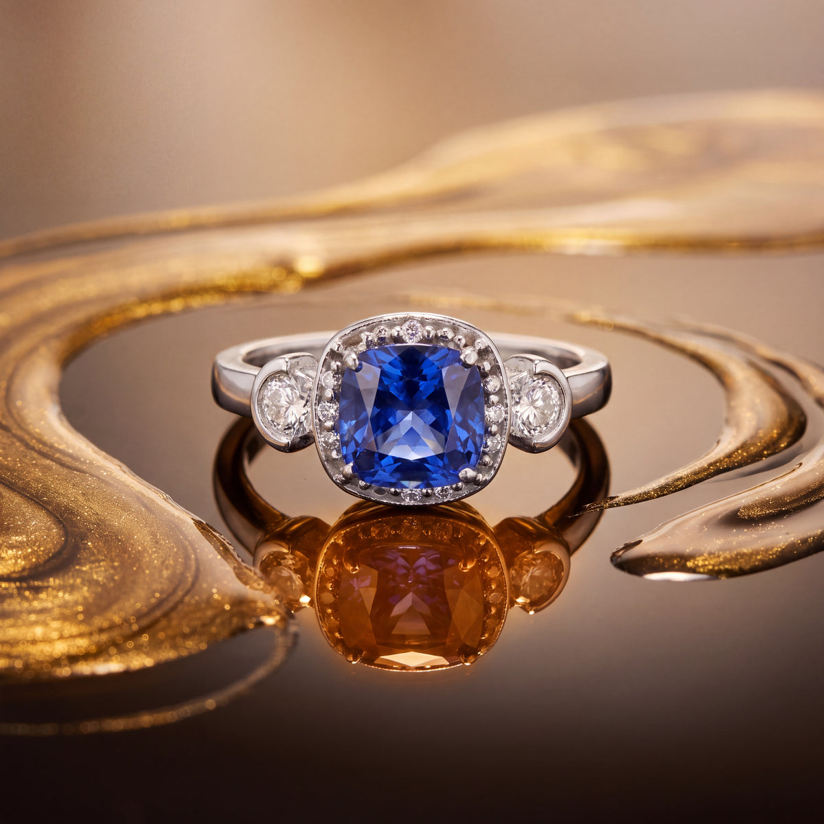 Tanzanite ring with a small round white stone on each side, in white gold
