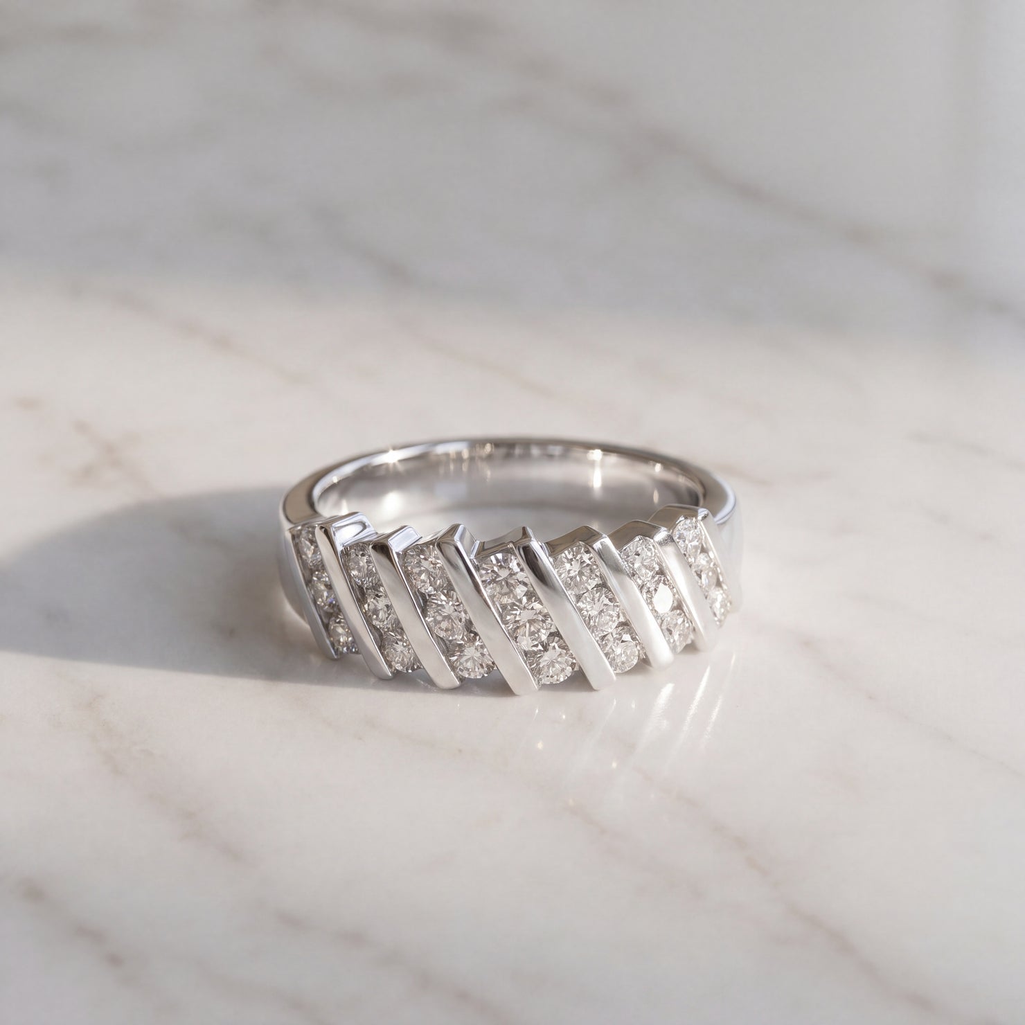 White Gold Diagonal Channel Diamond Band Ring