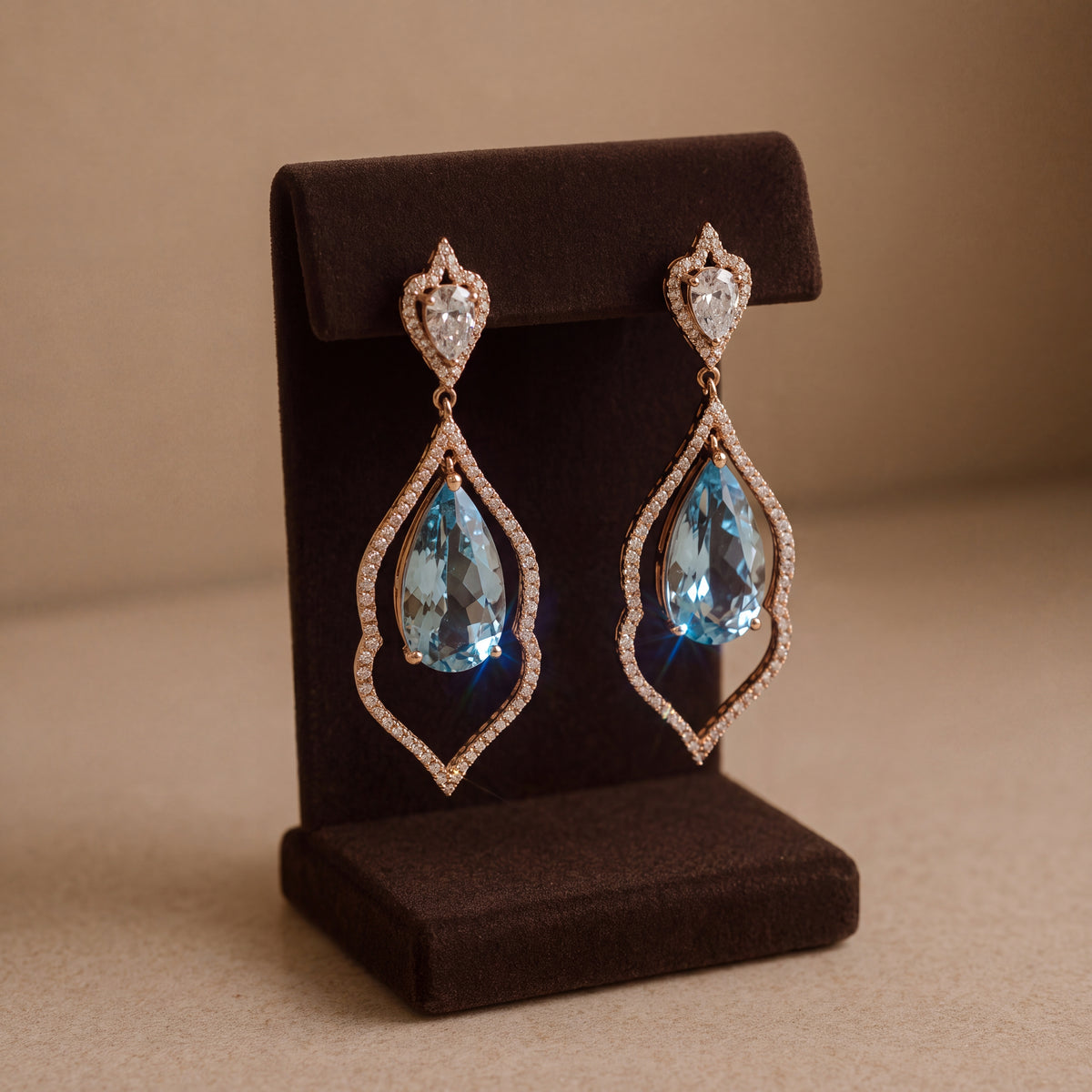 6.20 ct Pear-Cut Aquamarine, Pink Diamond and Diamond Dangle Earrings in 14K Rose Gold