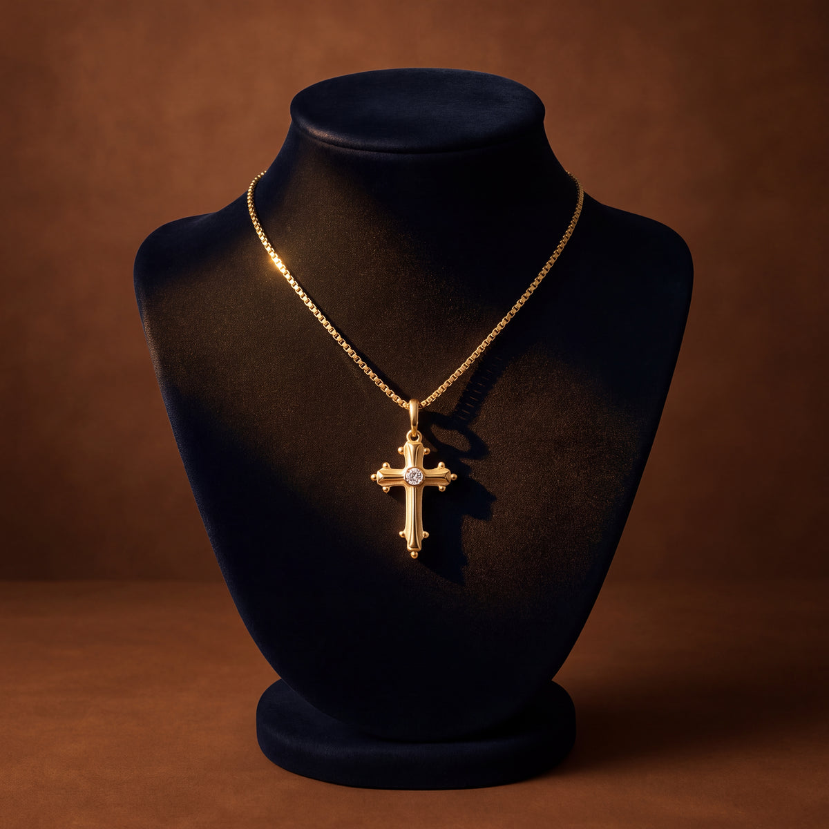 Ornate textured yellow gold cross with a small diamond
