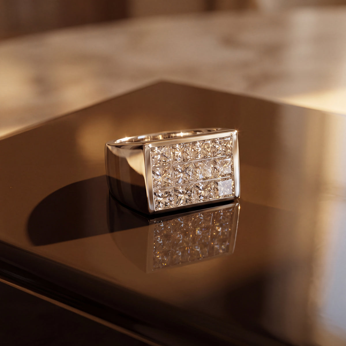 4.70 ct Invisible Set Princess-Cut Diamond Signet Ring in 14K White Gold