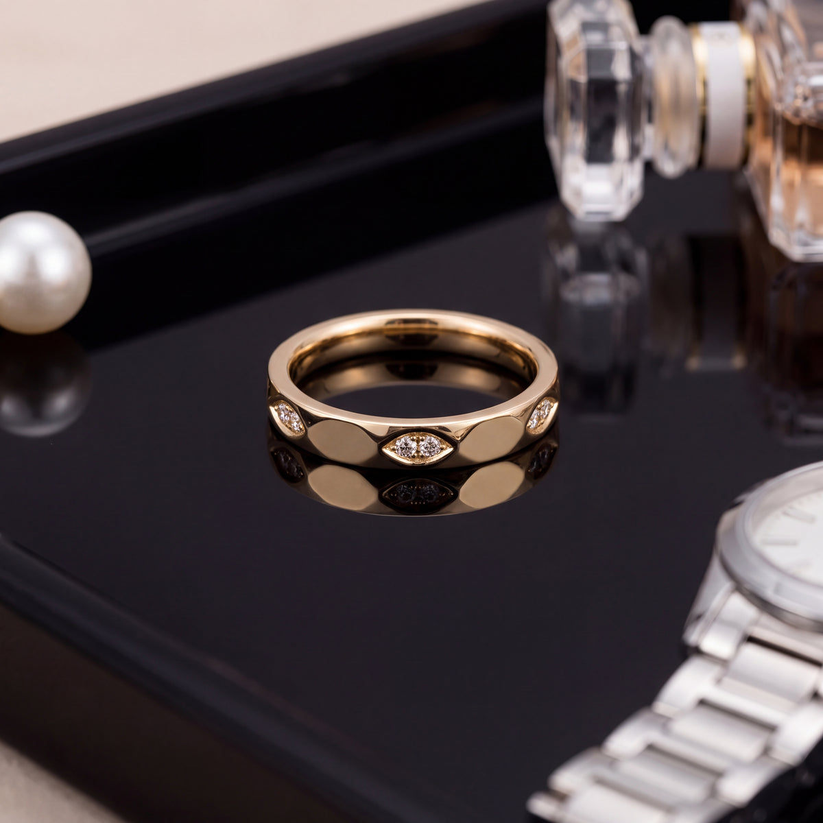 Faceted Yellow Gold Diamond Band Ring
