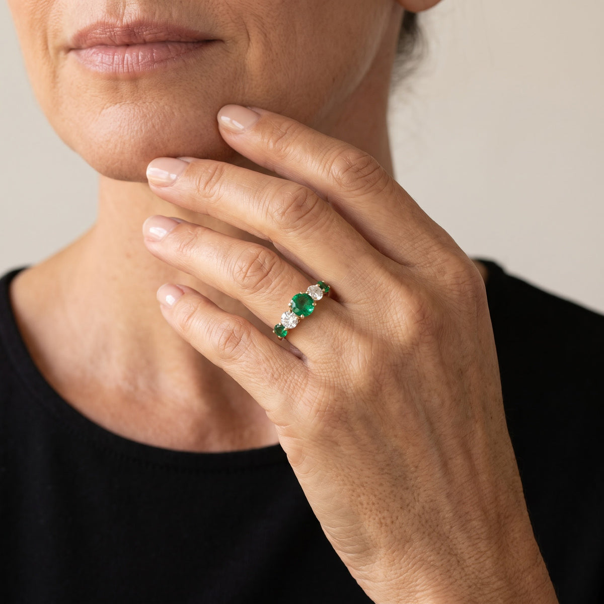 Round Emerald Five-Stone Ring in Yellow Gold, worn, second view