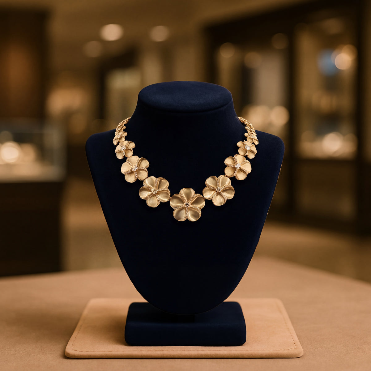 A collar of overlapping gold plumeria flowers, on a navy bust in a lit jewelry case.