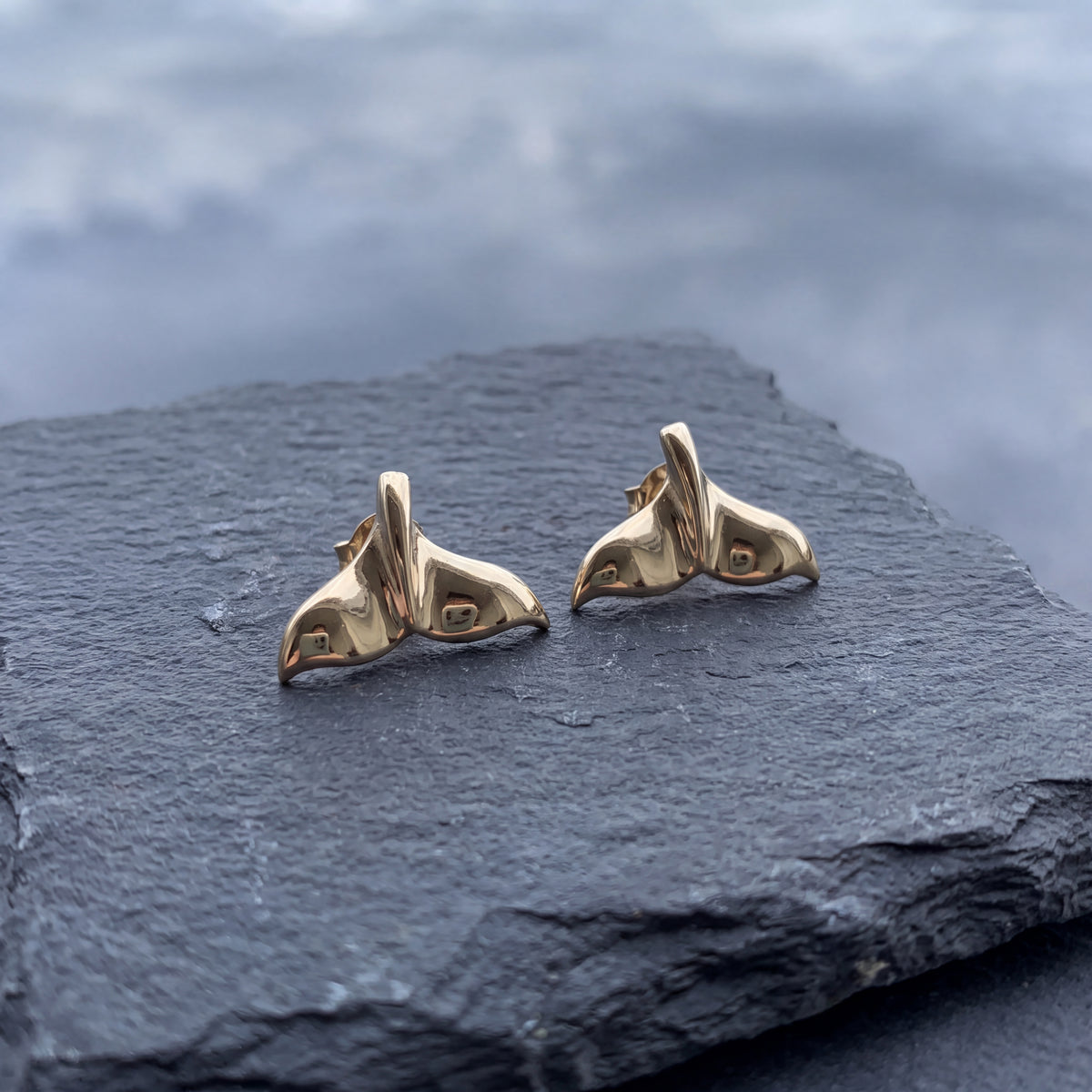 A pair of polished gold whale tail stud earrings on a slab of grey slate.