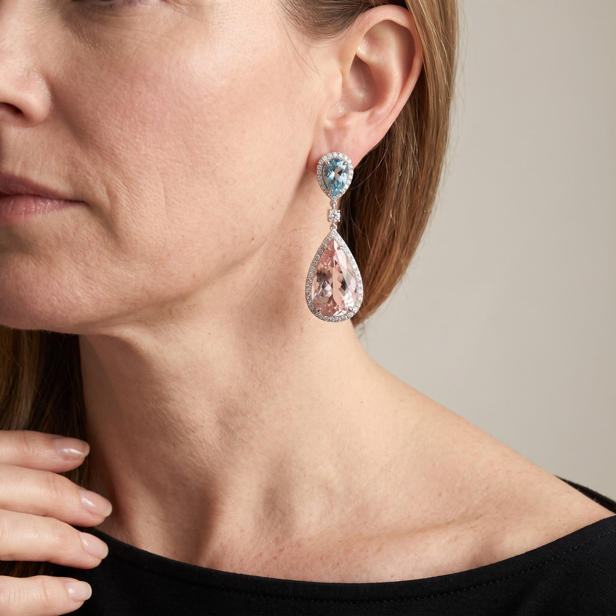 Morganite and Blue Gemstone Drop Earrings in White Gold, worn
