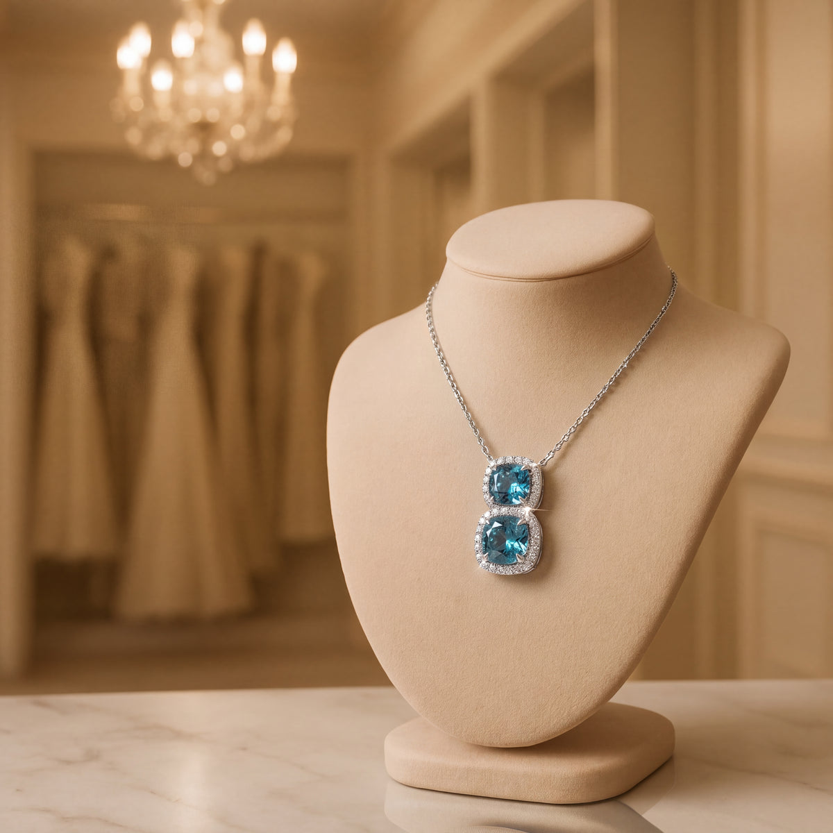 10.36 ct Blue Zircon and Diamond Double Halo Pendant in 14K White Gold