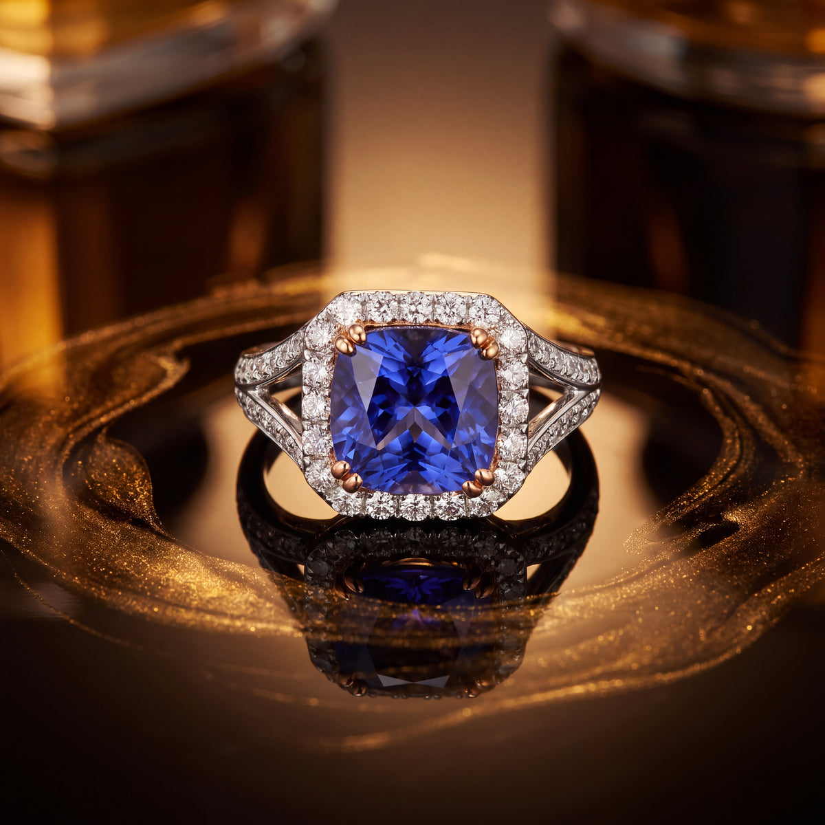 Cushion tanzanite in yellow gold prongs and a diamond halo, white gold shank