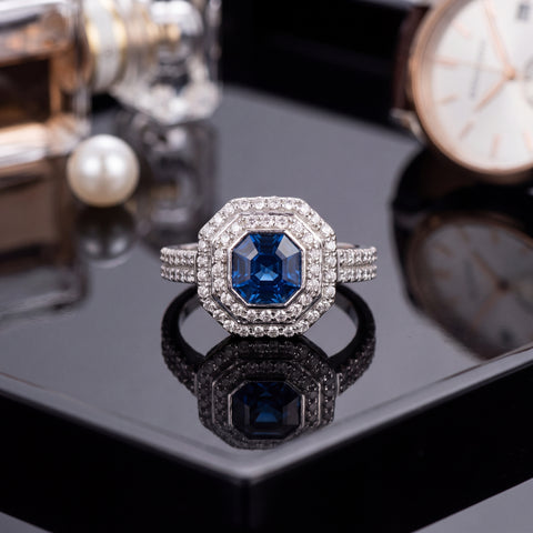 White Gold Royal Blue Sapphire Octagonal Double Halo Cocktail Ring