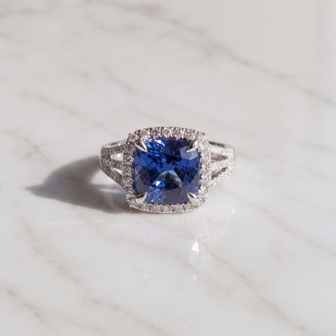 Cushion Cut Tanzanite and Diamond Halo White Gold Ring