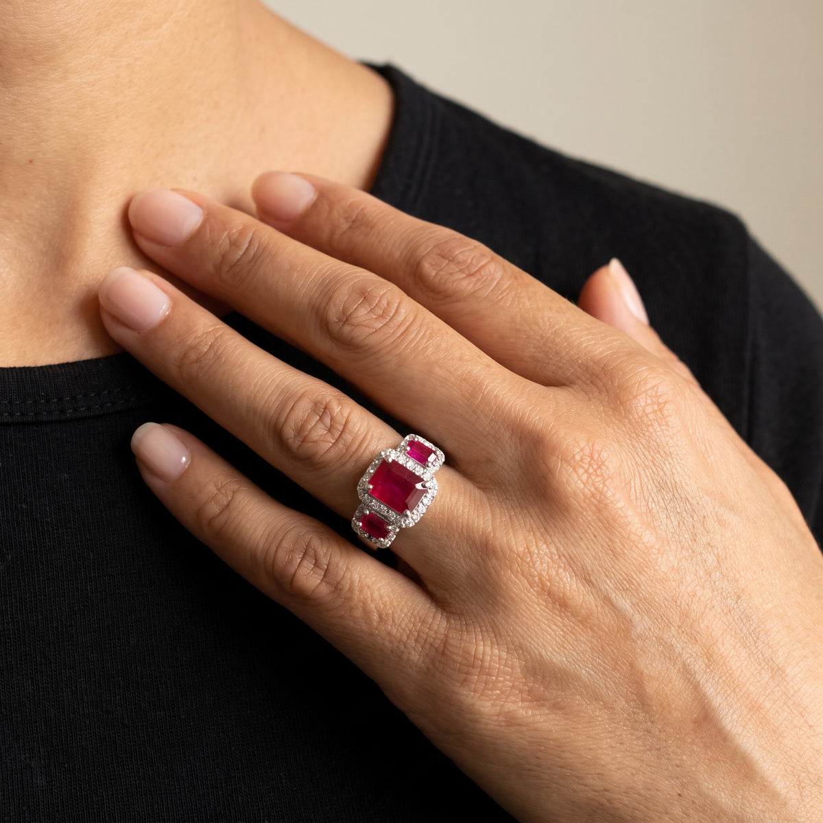 White Gold Three-Stone Ruby Halo Ring, worn, second view