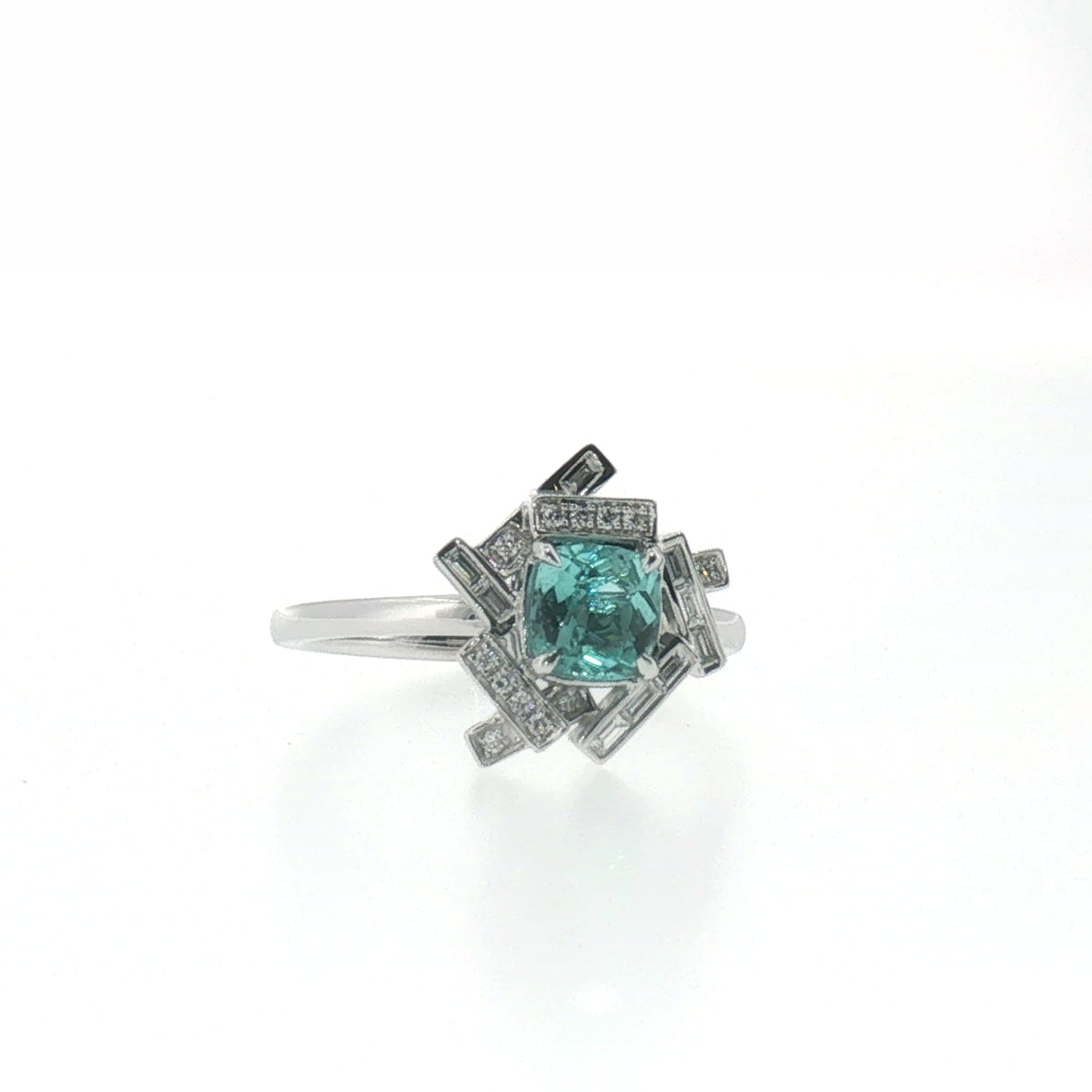 Geometric Greenish-Blue Tourmaline Cocktail Ring in White Gold