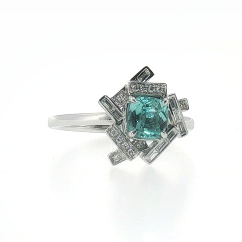 Geometric Greenish-Blue Tourmaline Cocktail Ring in White Gold