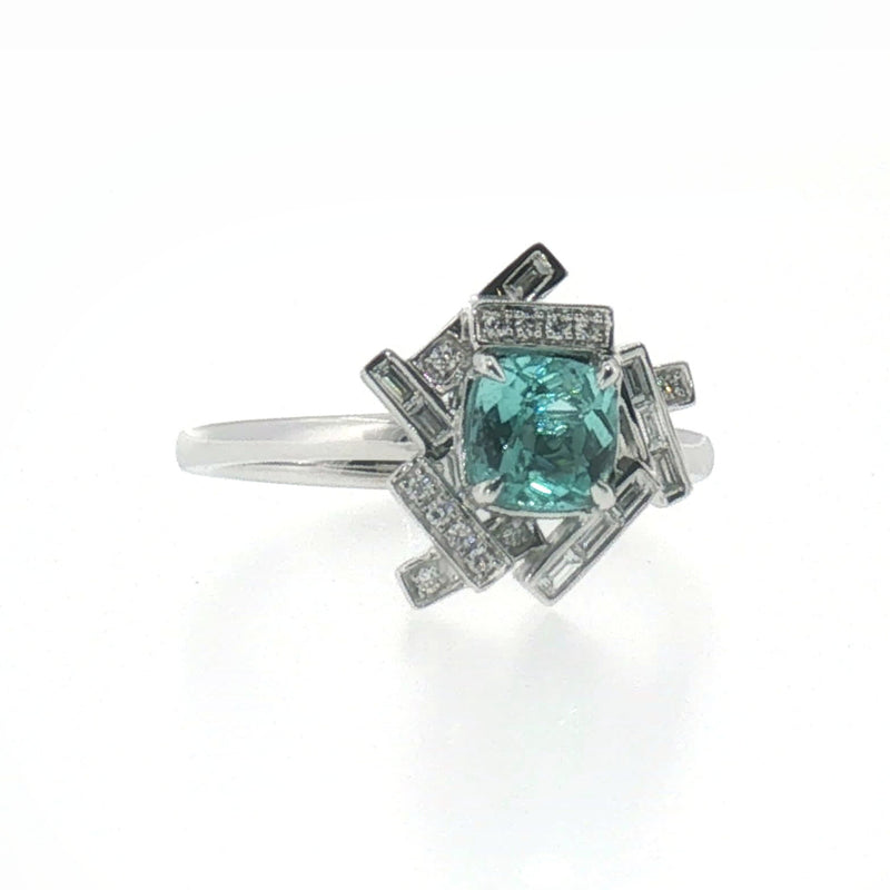 Geometric Greenish-Blue Tourmaline Cocktail Ring in White Gold