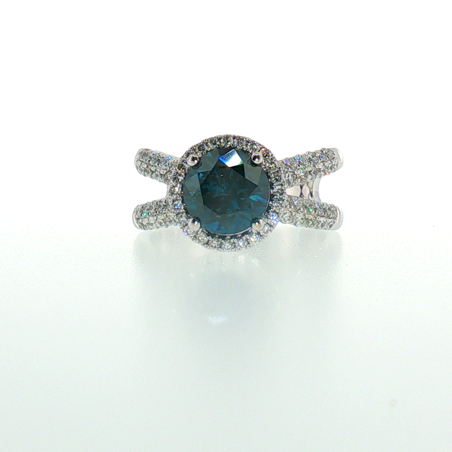 Deep Blue Diamond Halo Split-Shank Cocktail Ring