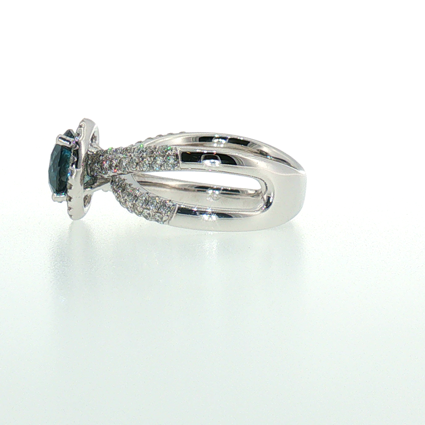 Deep Blue Diamond Halo Split-Shank Cocktail Ring