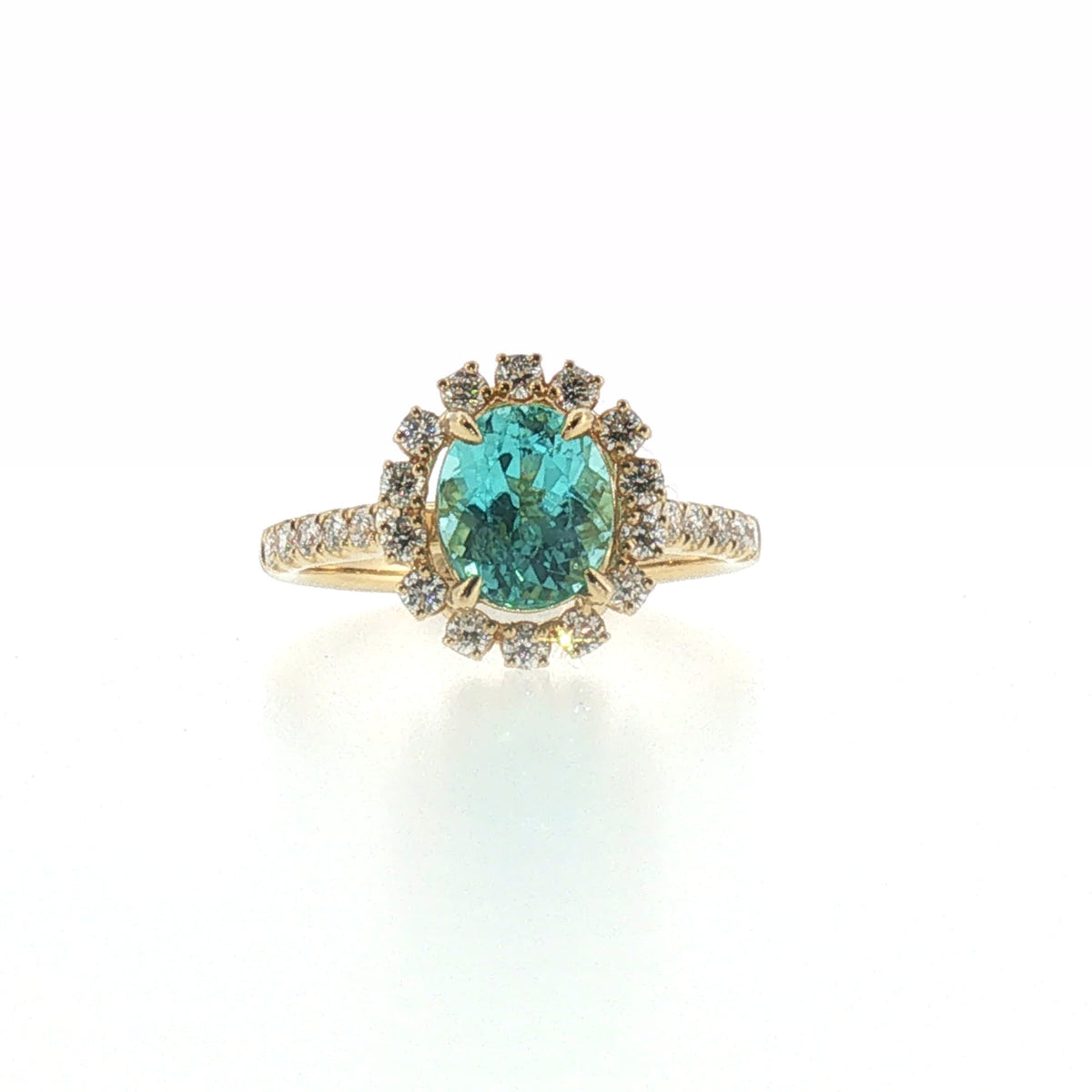 Yellow Gold Oval Greenish-Blue Tourmaline Halo Cocktail Ring