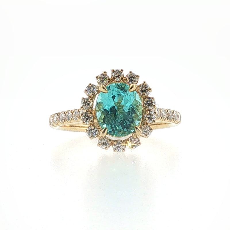 Yellow Gold Oval Greenish-Blue Tourmaline Halo Cocktail Ring