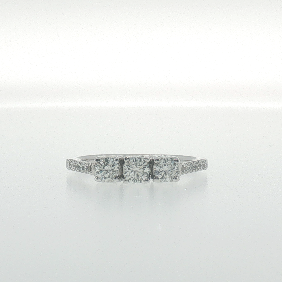 White Gold Three-Stone Diamond Ring with Pavé Band