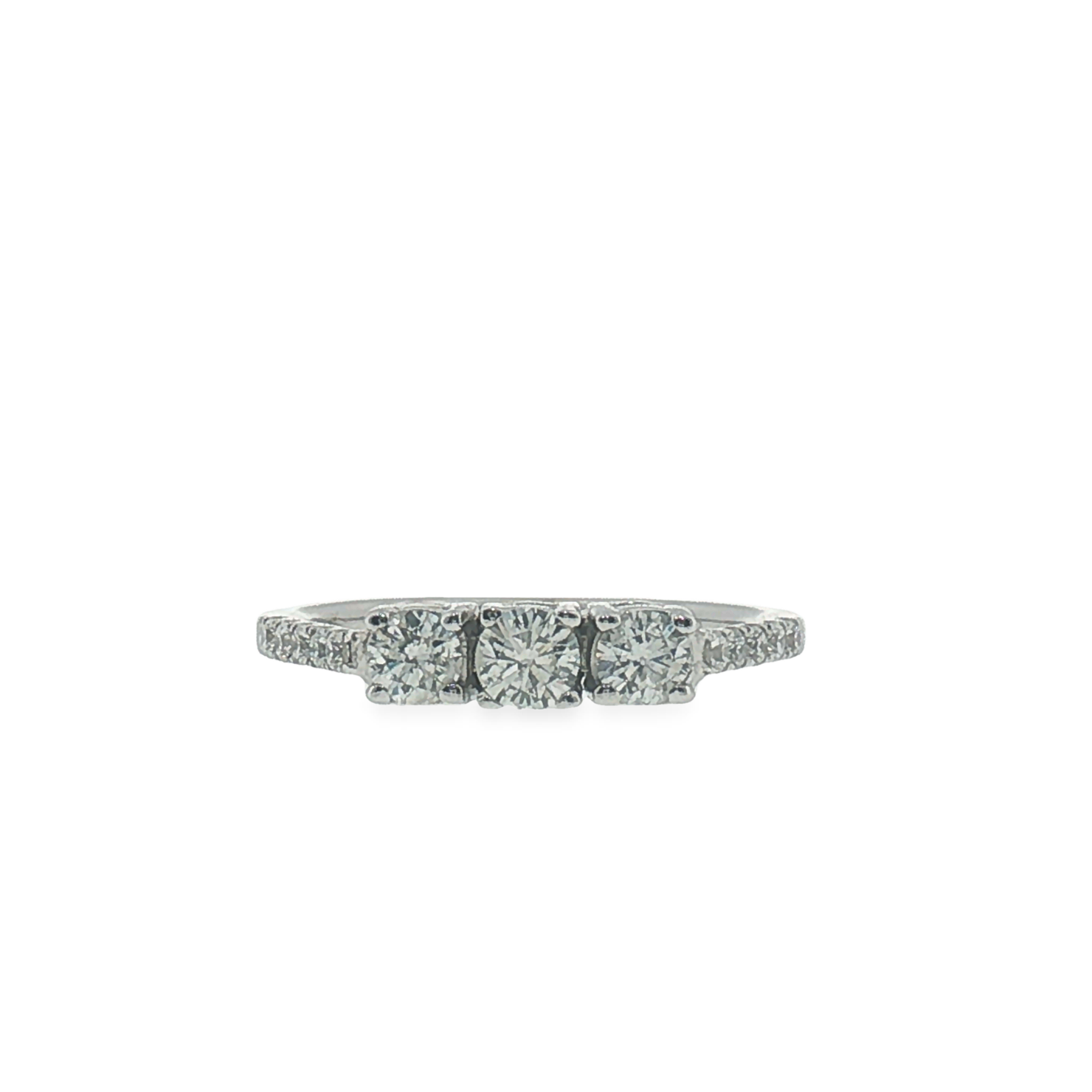 White Gold Three-Stone Diamond Ring with Pavé Band