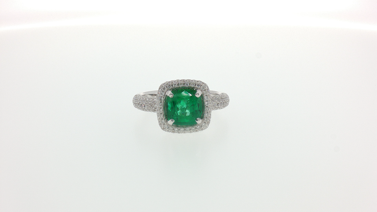 White Gold Cushion Emerald and Diamond Pavé Cocktail Ring